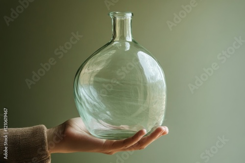 Hand holding a clear glass vase with a rounded shape against a neutral backgr...