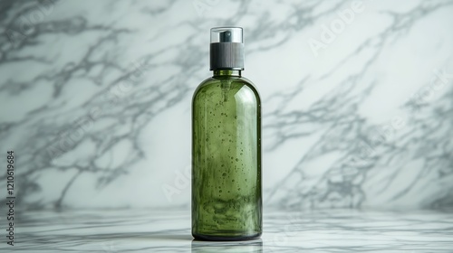 Clear green spray bottle on marble surface with foliage in the background