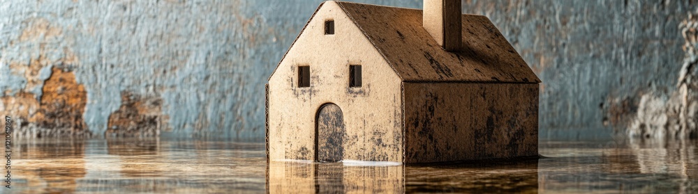 In the midst of flooding, a compact house stands alone, bathed in raindrops, reflecting on loneliness and the aftermath of heavy rainfall In the midst of flooding, a compact house stands alone, bathed in raindrops, reflecting on loneliness and the aftermath of heavy rainfall