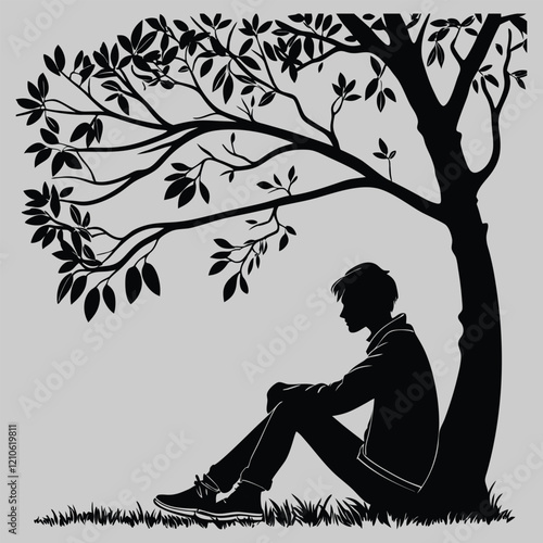 a person sitting under a tree silhouette vector design art and illustration