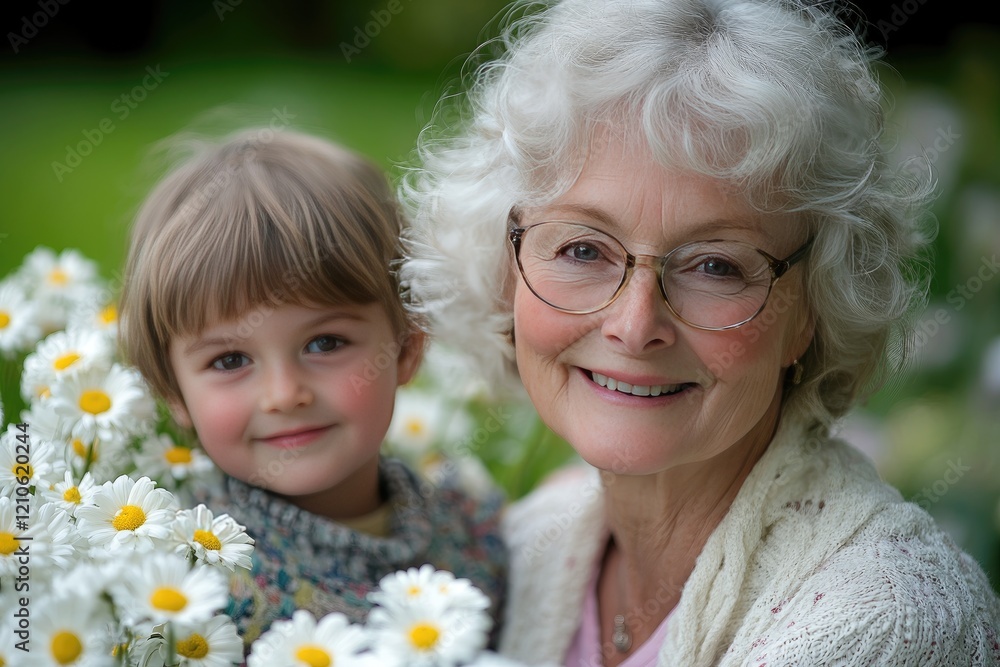 Grandmother and Child Enjoying a Peaceful Moment in a Daisy Field Grandmother and Child Enjoying a Peaceful Moment in a Daisy Field