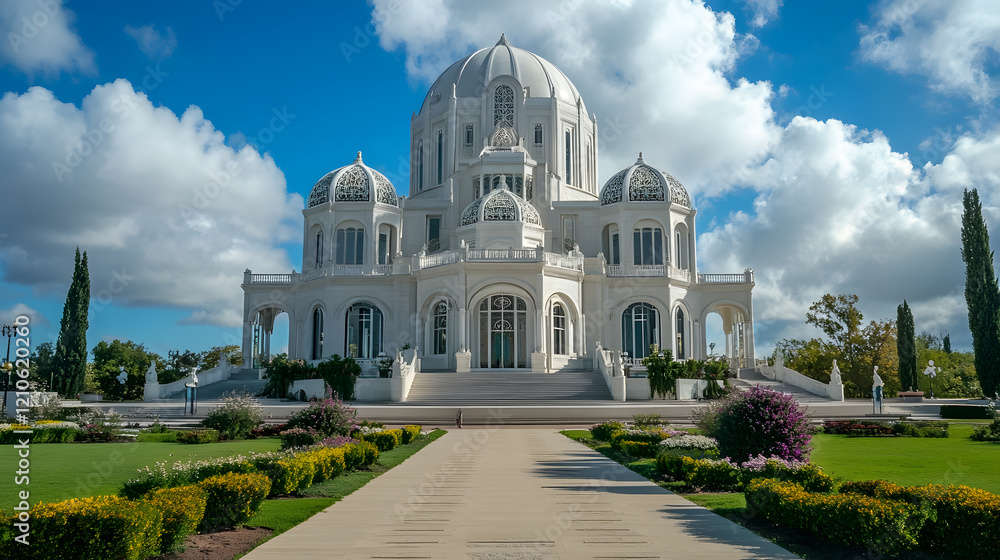 Fototapeta premium Majestic day view of grand white building with beautiful dome against clear blue sky and lush gardens : Generative AI
