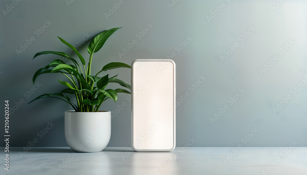 Modern mockup of mobile app on plain light grey background. Empty smartphone screen displayed with houseplant in white pot. Interior design studio shot. Blank screen provides good copy space for app Modern mockup of mobile app on plain light grey background. Empty smartphone screen displayed with houseplant in white pot. Interior design studio shot. Blank screen provides good copy space for app
