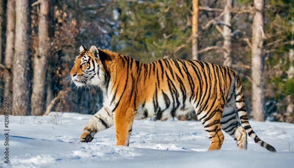 Obraz premium Powerful Tiger in the Heart of Wild Winter Nature: Snowy Forest Wildlife Adventure