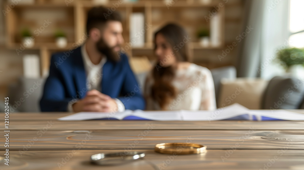 Couple discussing with focus on wedding rings in foreground. Couple discussing with focus on wedding rings in foreground.