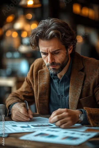 Concentrated man reviewing documents at cafe.