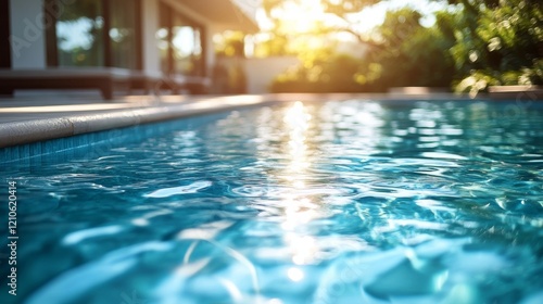 Sunlight reflects on the tranquil water surface of a swimming pool surrounded...