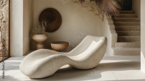 Unique wooden sculpture as a centerpiece in a serene interior living space