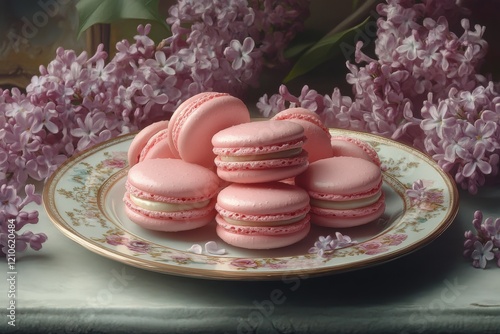 Delightful pink macarons arranged on a decorative plate with lilac flowers in...