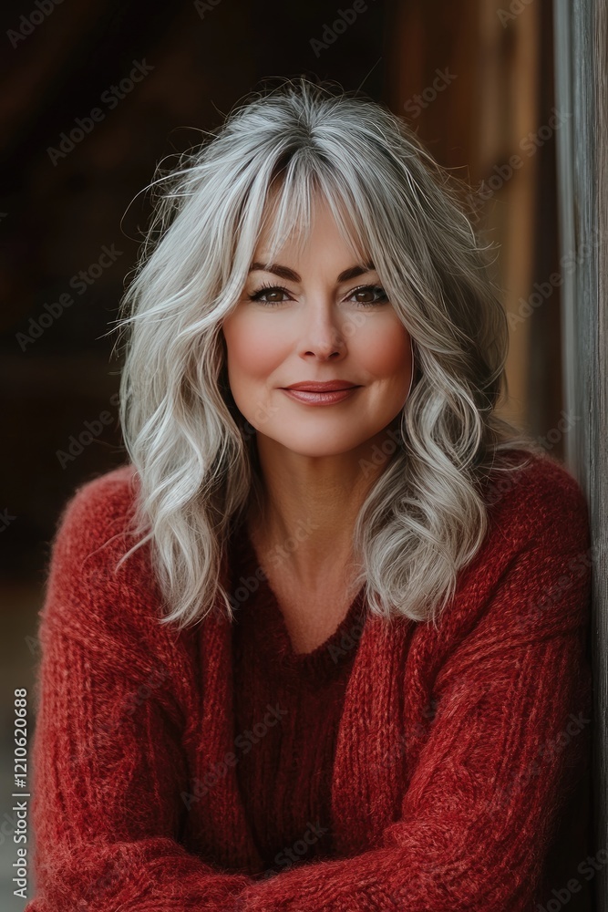 Fototapeta premium Confident Woman with Gray Hair in Cozy Red Sweater Posing Against Rustic Wooden Background