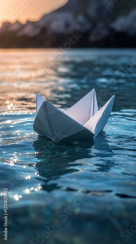 Paper boat floating on calm water at sunset reflecting mountains in the backg...