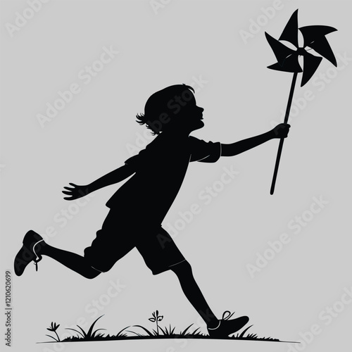 child running with a pinwheel silhouette vector design art and illustration