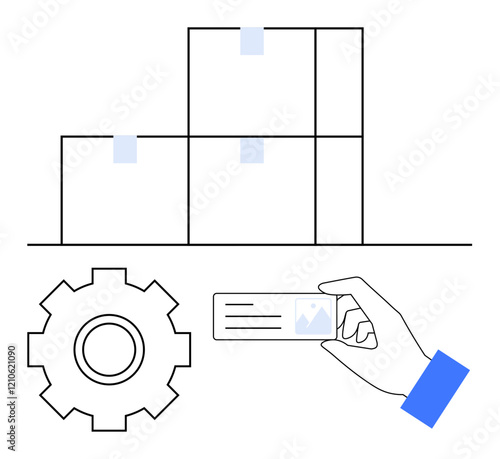 Stacked boxes, a gear, and a hand holding an ID card convey supply chain, warehouse systems, and operational management. Ideal for logistics, inventory tracking, automation, ID verification