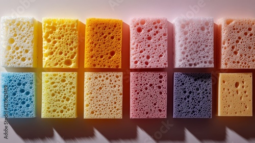 Colorful sponges arranged in a neat row showcasing various vibrant hues and t...