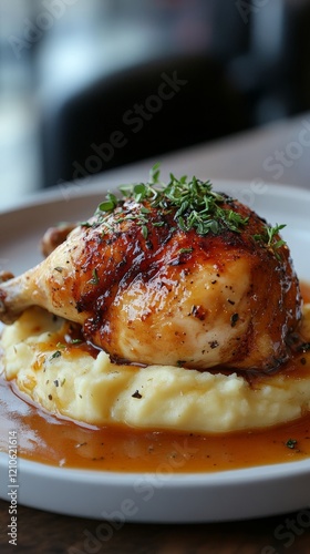 Delicious grilled chicken breast served on creamy mashed potatoes with fresh ...