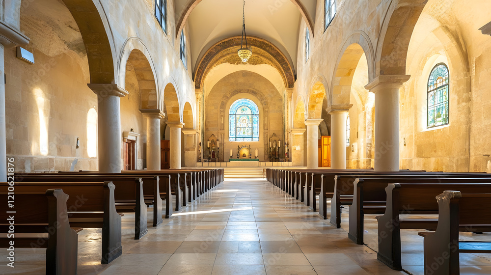Fototapeta premium Grand Interior of Sunlit Stone Church with Large Windows and Light Play : Generative AI