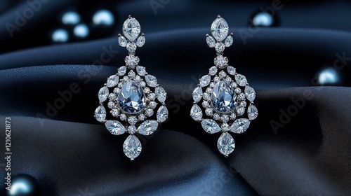 Intricate silver earrings adorned with blue and clear gemstones displayed on ...
