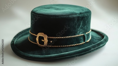 Unique green felt hat with brown band on textured teal background