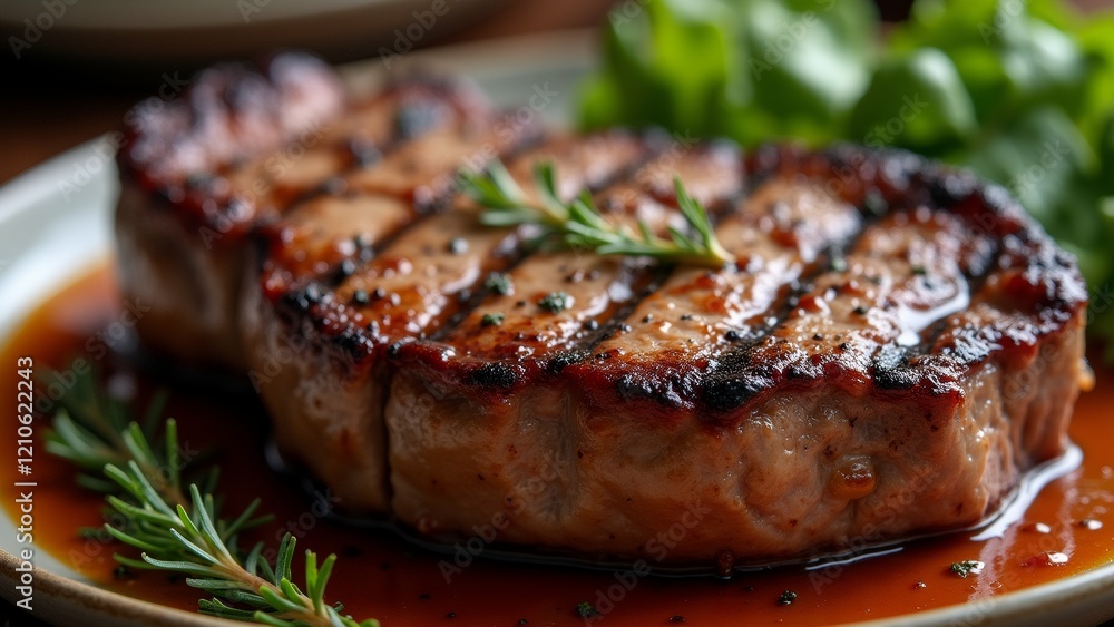 The image shows a close-up of a steak on a plate. The steak appears to be cooked medium-rare, with a golden brown crust on top. The image shows a close-up of a steak on a plate. The steak appears to be cooked medium-rare, with a golden brown crust on top.