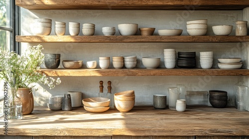 Rustic pottery collection displayed on wooden shelves in an ambient interior ...