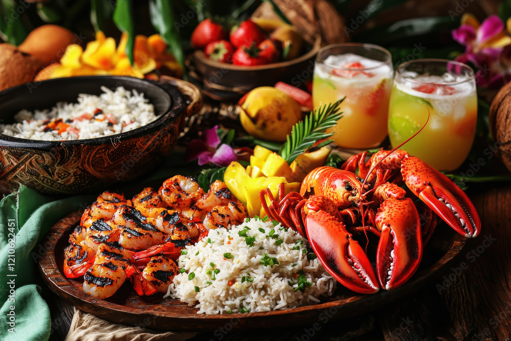 Vibrant Caribbean feast with grilled lobster, jerk shrimp, tropical fruit, and rum cocktails on a colorful table setup
