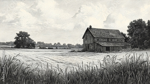 Vintage engraving of rural landscape with wheat fields, old barn, and farmhouse, evoking countryside tranquility.illustration