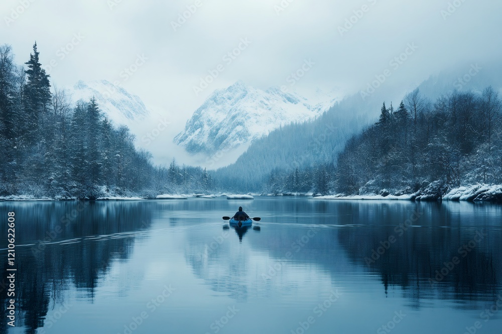 Kayaker paddling on scenic winter lake surrounded by snow-covered trees and mountains Kayaker paddling on scenic winter lake surrounded by snow-covered trees and mountains