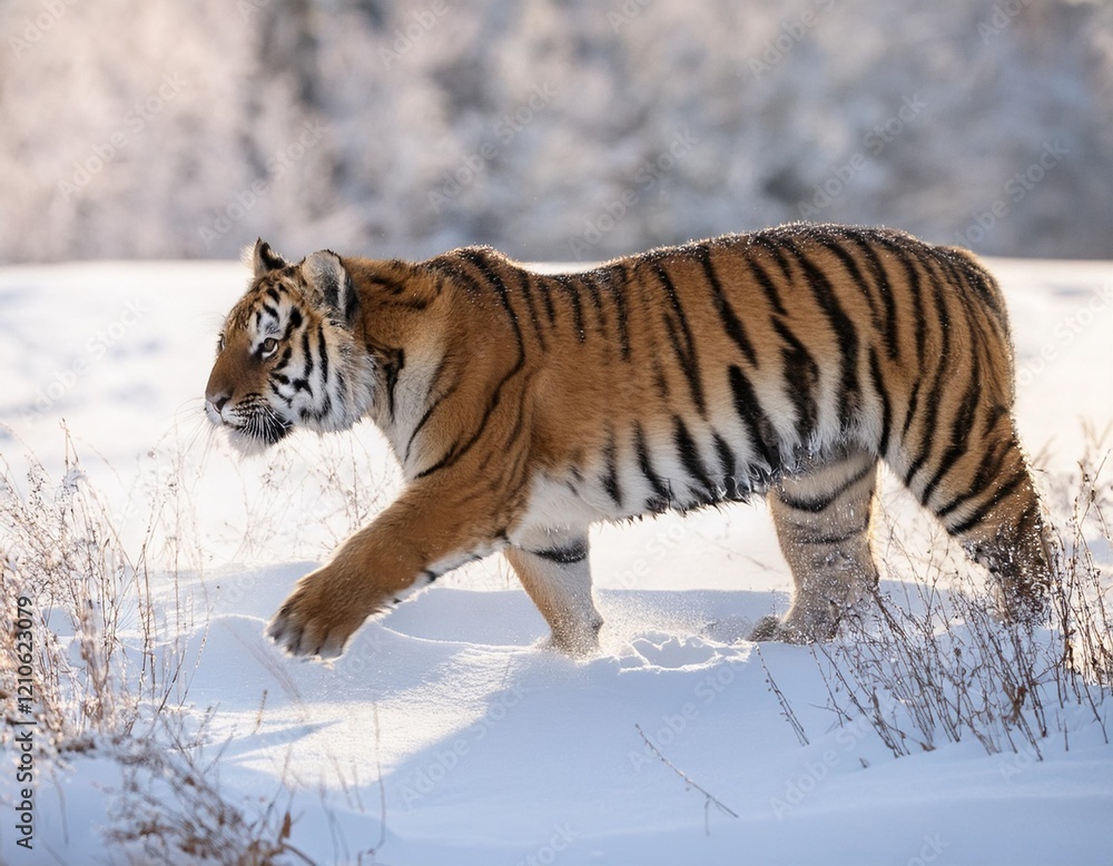 Obraz premium Majestic Tiger Roaming Through Wild Winter Nature: A Captivating Wildlife Scene