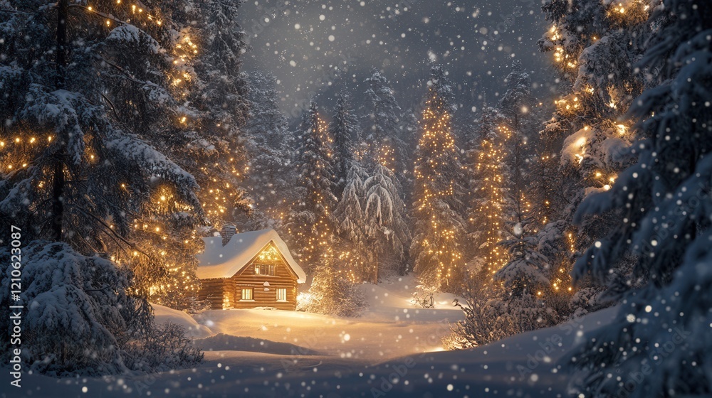 Cozy cabin in snow-covered forest with twinkling holiday lights Cozy cabin in snow-covered forest with twinkling holiday lights