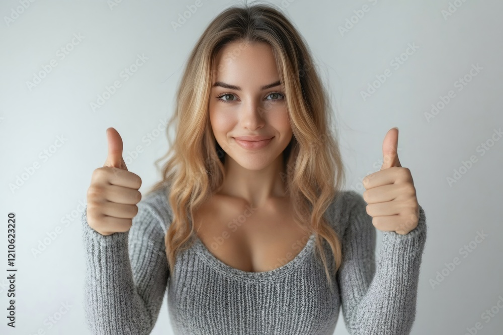 Young woman showing thumbs up sign, positive feedback Young woman showing thumbs up sign, positive feedback