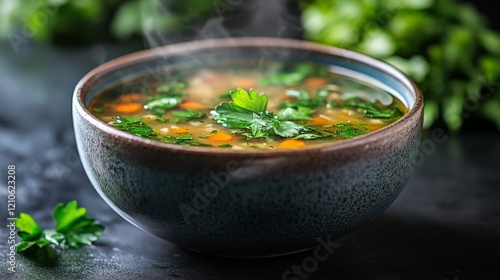 Warm and comforting bowl of soup with herbs in a rustic setting