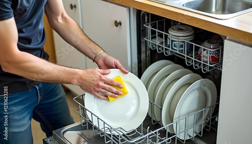 In a tidy kitchen, a man wipes off a plate with a sponge before placing it in a dishwasher, maintaining order on the counter and sink. Cleanliness and organization are key photo