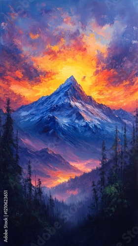 Majestic mountain peak illuminated by vibrant sunset colors over calm river