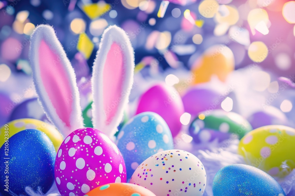 Easter decorations featuring vibrant eggs with bunny ear designs Easter decorations featuring vibrant eggs with bunny ear designs
