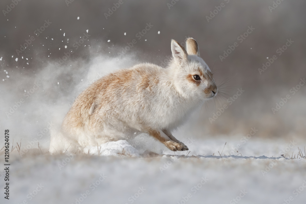 A snowy rabbit running across a snow-covered field. A snowy rabbit running across a snow-covered field.