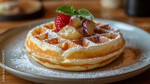 Delicious waffle topped with fresh strawberries and mint on a wooden table
