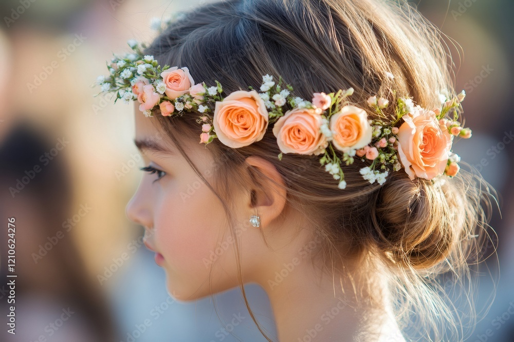 Naklejka premium Young bridesmaid wearing delicate peach rose flower crown