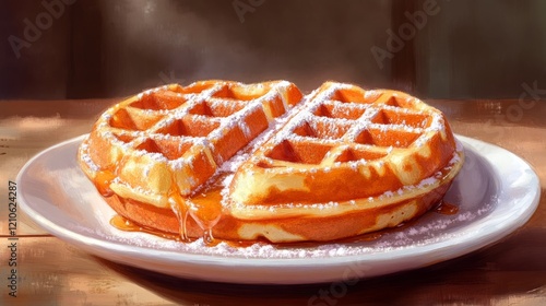 Delicious waffle topped with fresh strawberries and mint on a wooden table