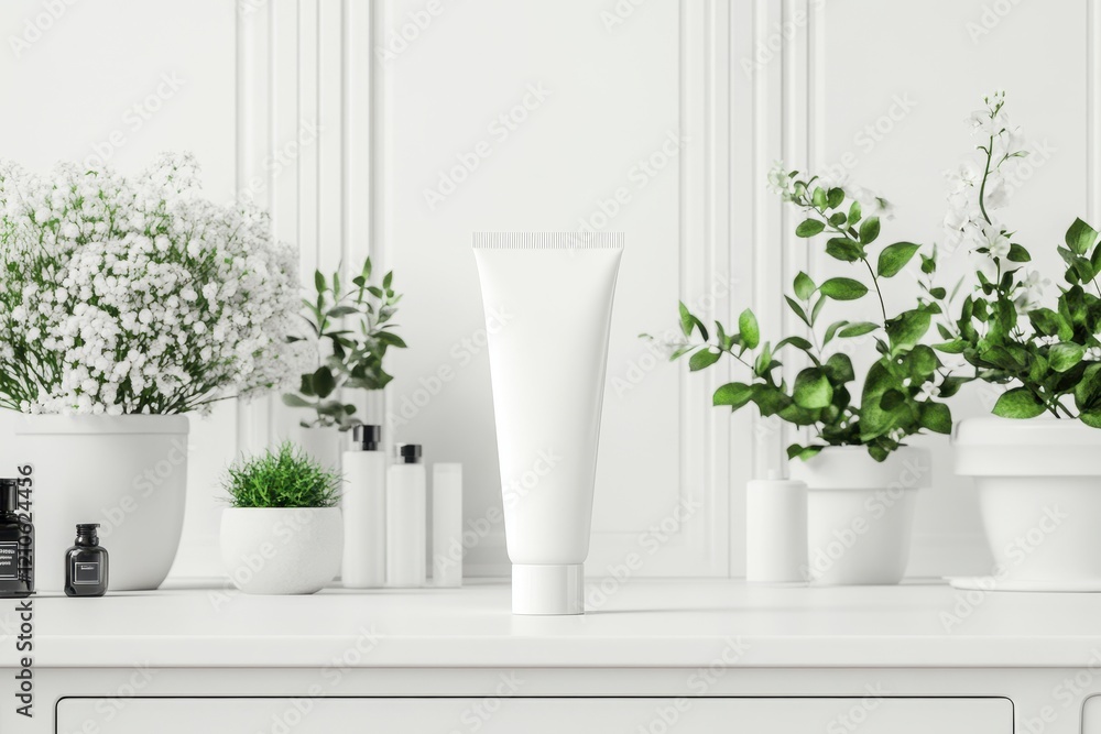Bright and minimalist skincare display featuring a white tube and greenery on a clean, chic countertop Bright and minimalist skincare display featuring a white tube and greenery on a clean, chic countertop