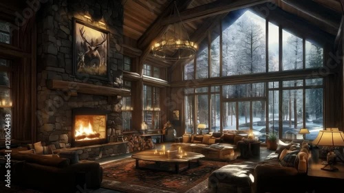 Cozy cabin interior with warm fire overlooking snowy forest in winter evening