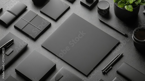 Stylish black stationery arrangement with accessories on a dark background