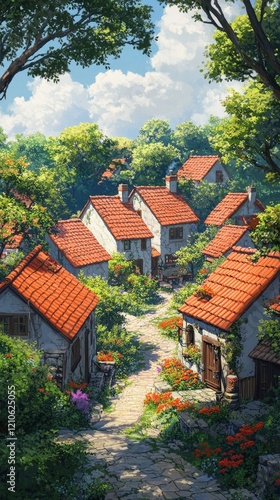 Charming cottages nestled in a lush green landscape during the early morning ...