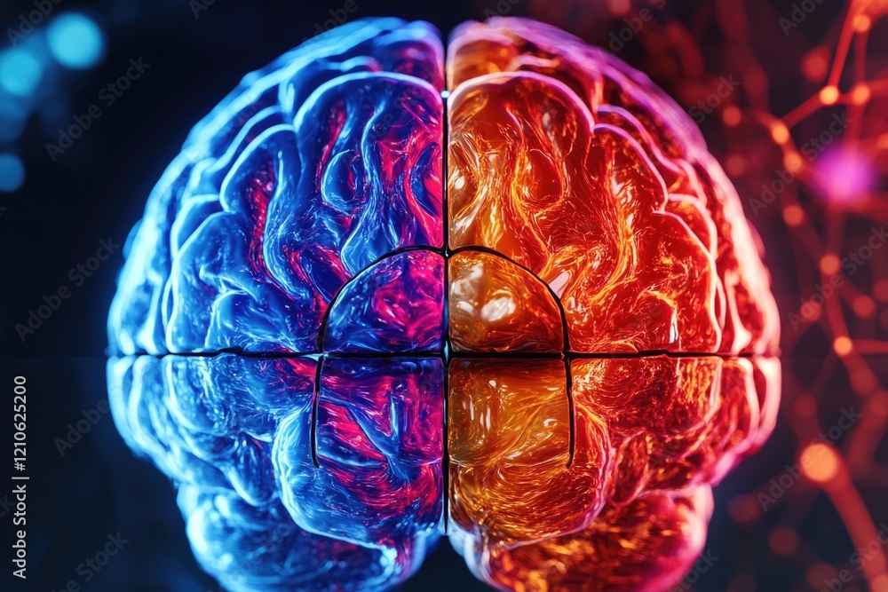 Close-up image of two brain hemispheres, highlighting the structure and detail of the cerebral cortex