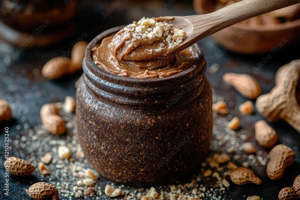 Creamy peanut butter with crushed peanuts in a wooden spoon and jar Creamy peanut butter with crushed peanuts in a wooden spoon and jar