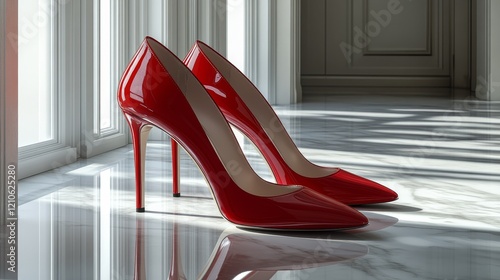 Elegant red high heels positioned by a sunny window in a stylish indoor setting