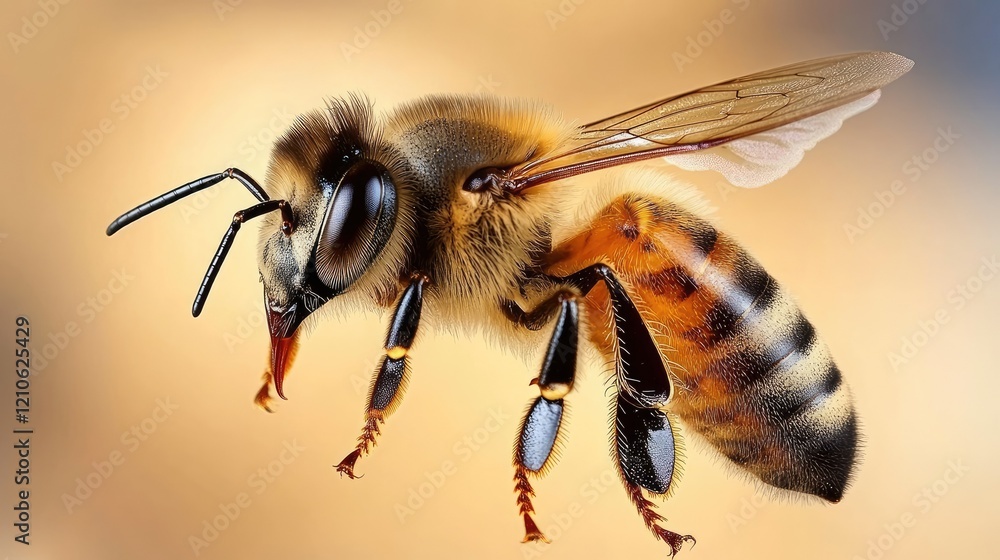 Close-up view of a honey bee displaying intricate details of its wings and body in a natural light setting Close-up view of a honey bee displaying intricate details of its wings and body in a natural light setting