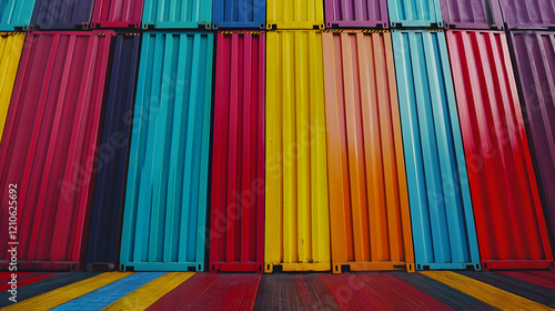 Vibrant multicolored shipping containers neatly arranged in a warehouse, symbolizing modern transportation and efficiency