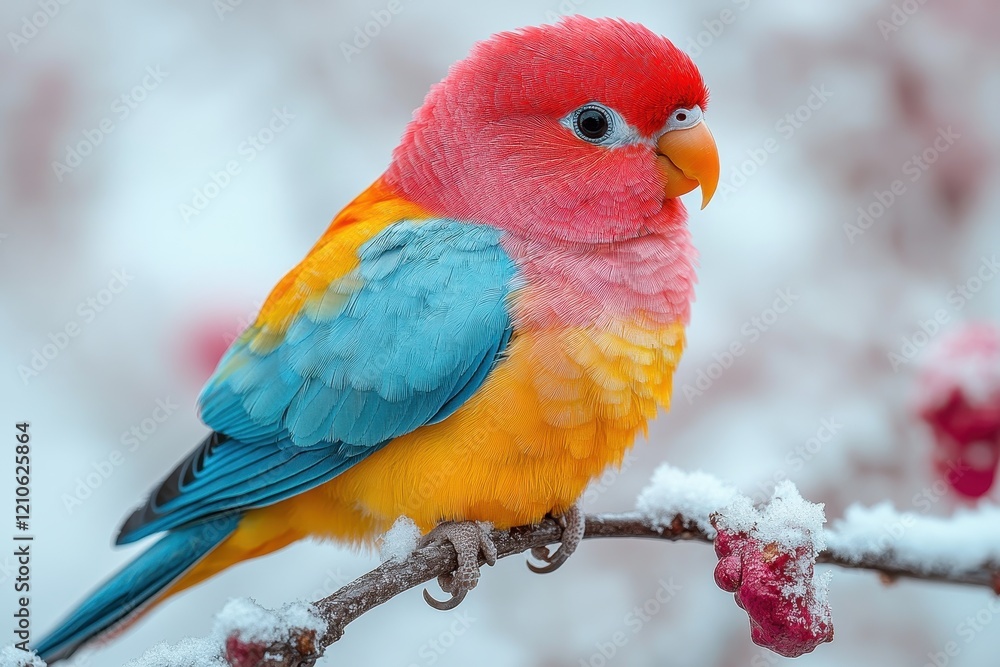 Obraz premium A vibrant parrot perched on a snowy branch, showcasing colorful plumage.