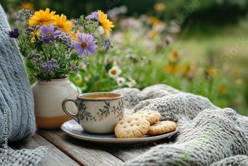 Enjoying tea and cookies with a flower bouquet in a peaceful garden setting