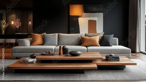 Modern wooden coffee table with geometric design in minimalist style